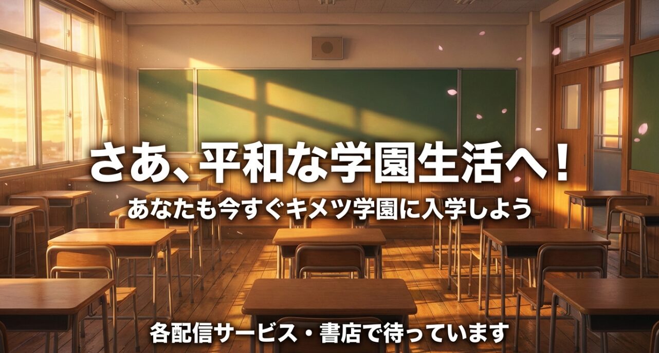 さあ、平和な学園生活へ！あなたも今すぐキメツ学園に入学しようというメッセージ