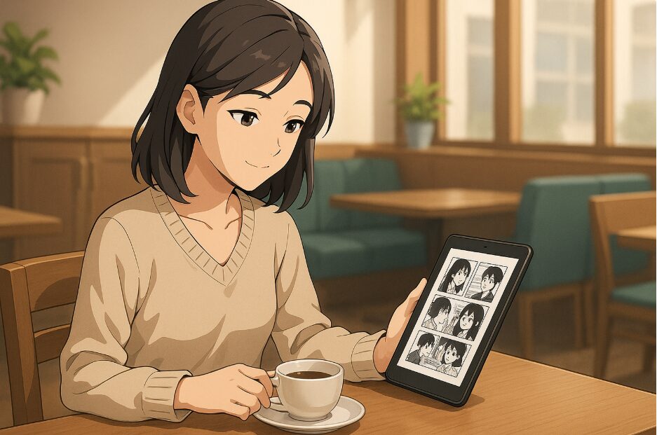 カフェでリラックスしながら電子書籍リーダーを使って漫画を読んでいる快適なシーン