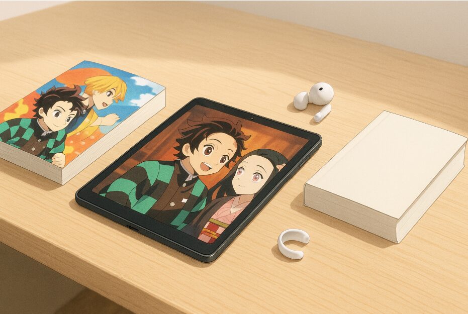 キメツ学園を楽しむための3つの主要メディア（漫画コミックス、アニメ配信を見るためのタブレット、小説本）がデスク上に用意されている様子