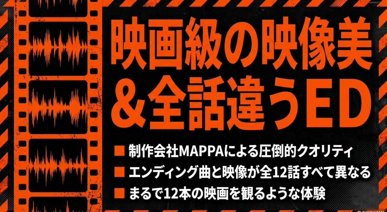 制作会社MAPPAによる映画級のクオリティと、全12話すべて異なるエンディング曲・映像が採用されている贅沢な仕様を解説するスライド