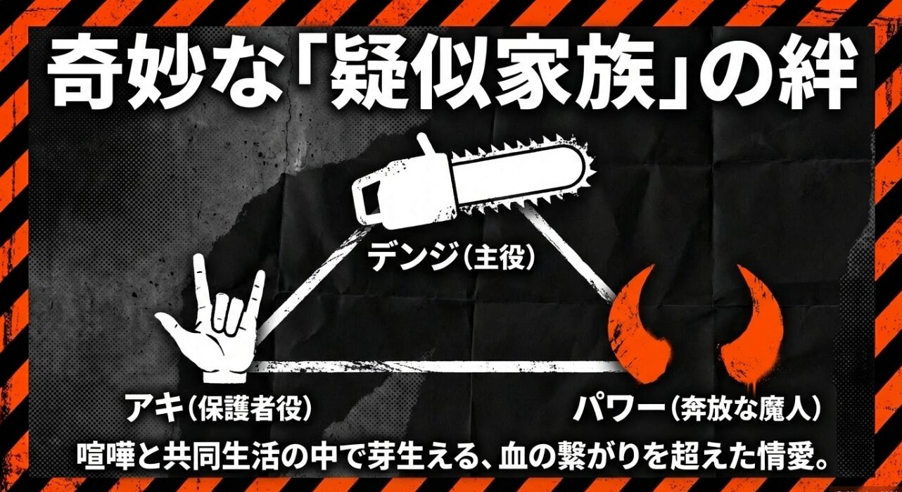 デンジ、アキ、パワーの3人が共同生活の中で育む、血の繋がりを超えた「疑似家族」の絆を解説するスライド