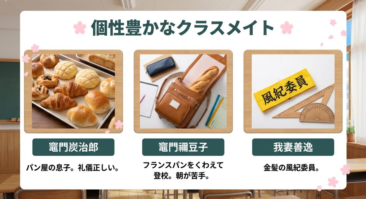 個性豊かなクラスメイト：パン屋の息子・竈門炭治郎、フランスパンをくわえて登校する竈門禰豆子、金髪の風紀委員・我妻善逸の紹介