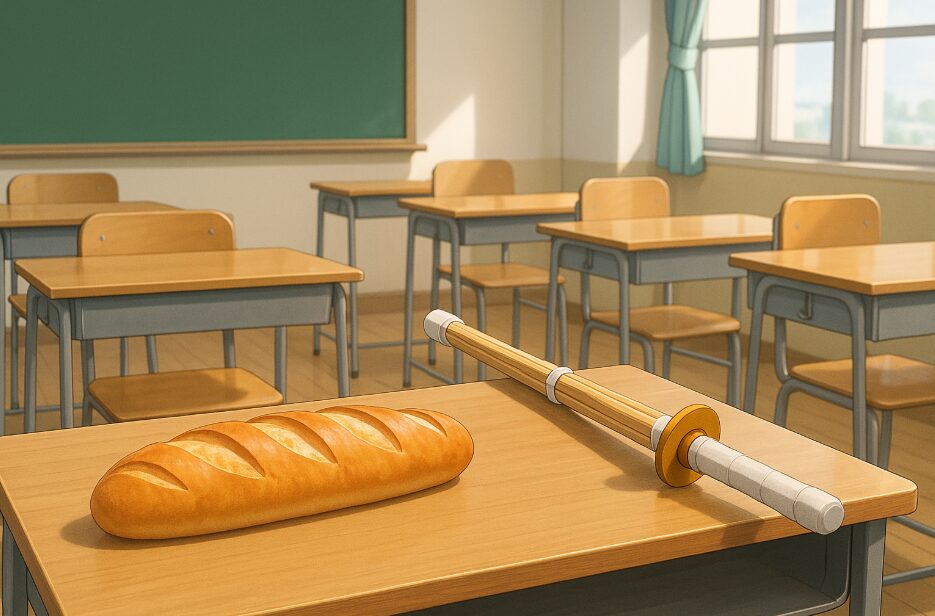 教室の机に置かれたフランスパンと、教卓に置かれた竹刀。キメツ学園のユニークな校風を象徴するアイテム