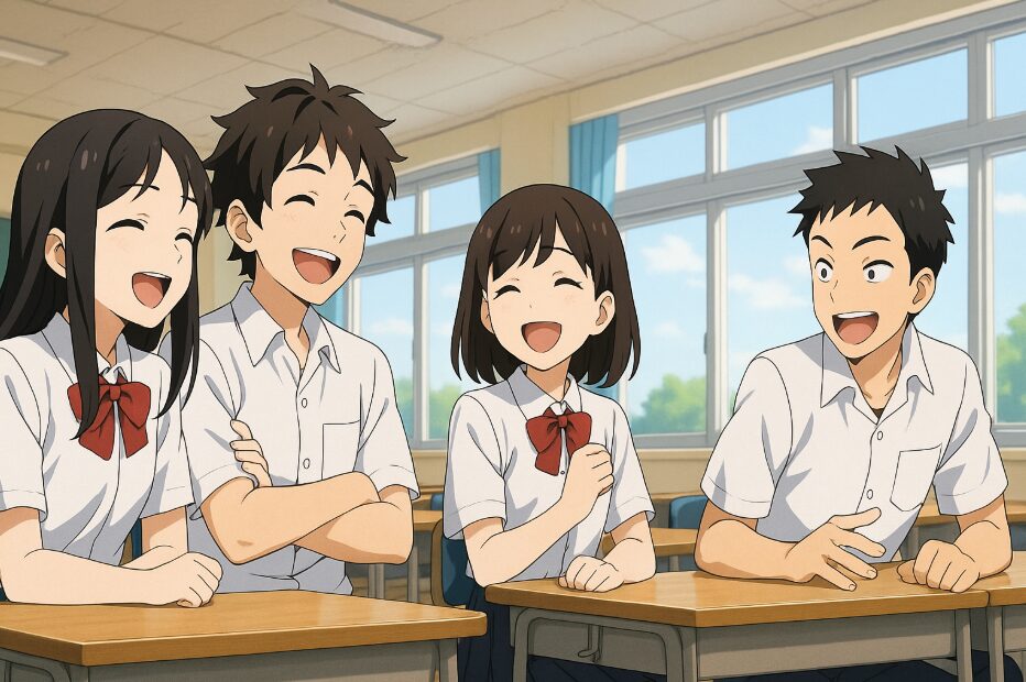 明るい教室で楽しそうに笑い合う日本の高校生たち。平和な学園生活の象徴