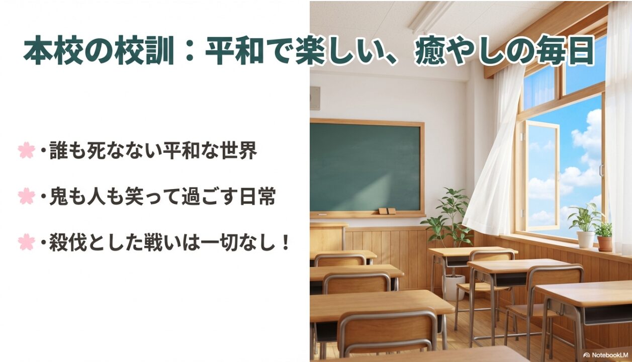 本校の校訓：誰も死なない平和な世界、鬼も人も笑って過ごす日常、殺伐とした戦いは一切なし