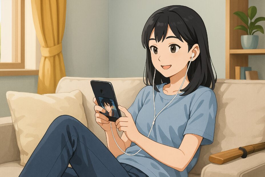 自宅のソファでくつろぎながらスマートフォンでVOD配信のアニメを視聴している様子