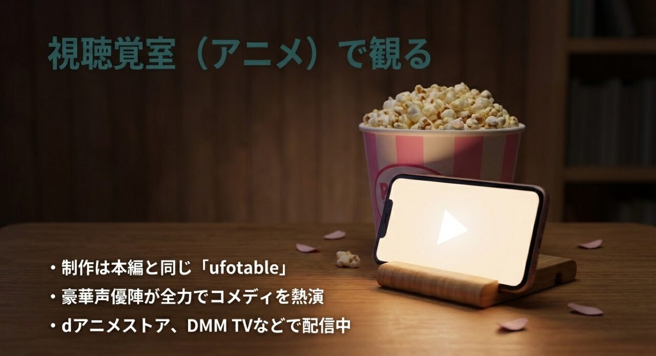 視聴覚室（アニメ）で観る：ufotable制作、豪華声優陣、dアニメストアやDMM TVで配信中