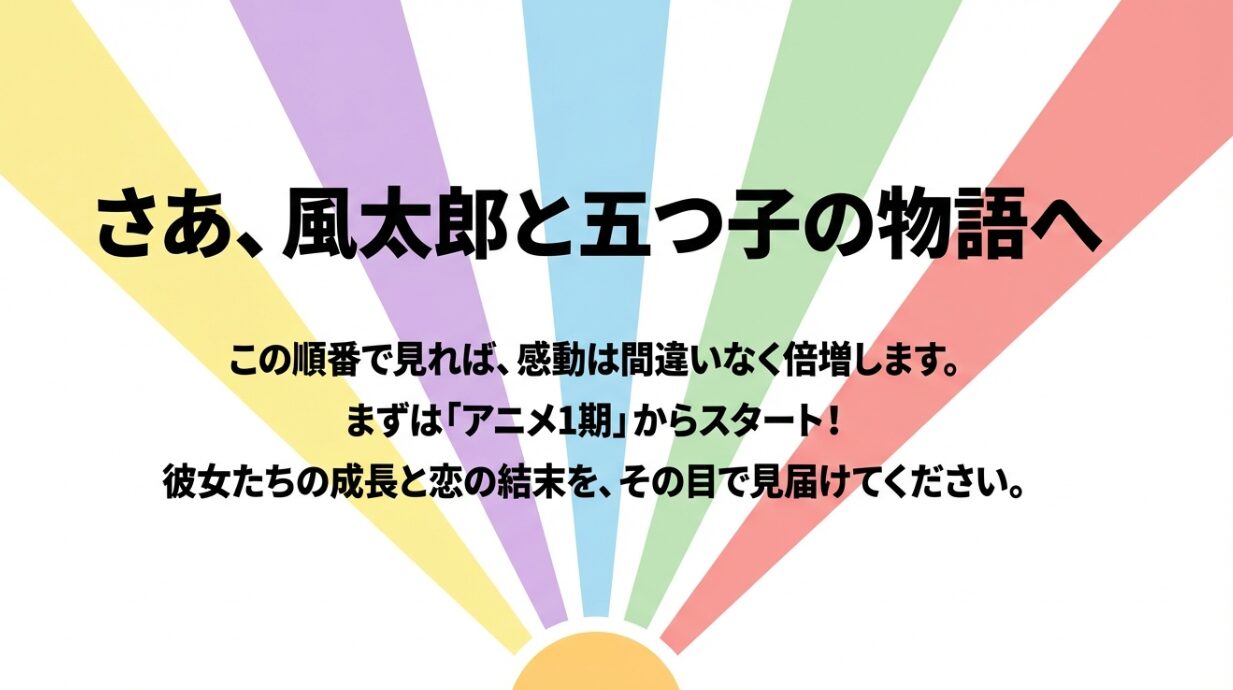 五等分の花嫁を第1期から順番に楽しむことを案内するまとめ画像