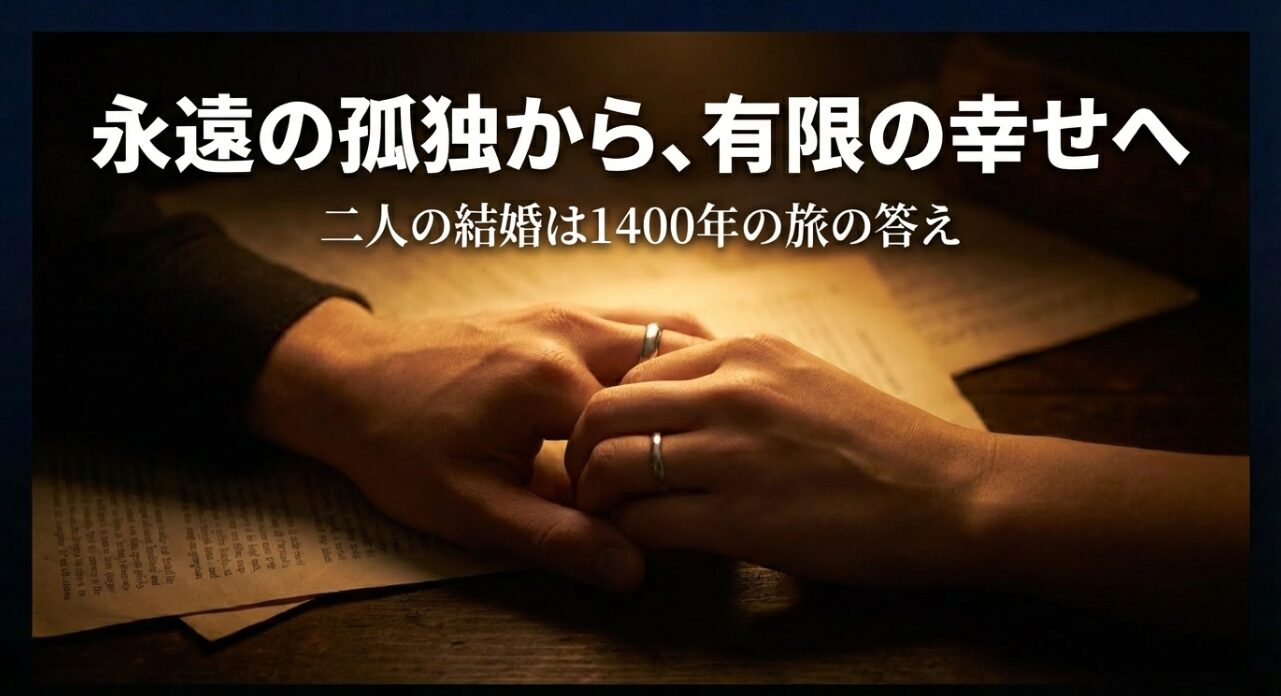 1400年の永遠の孤独から、ナサとの結婚という有限の幸せに辿り着いた物語の答えを示すスライド