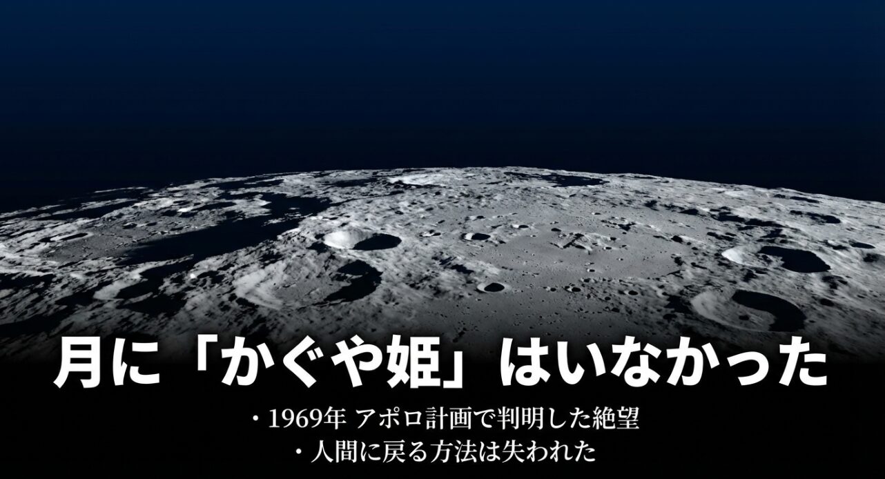 1969年のアポロ計画で月にかぐや姫がいないことが判明し、人間に戻る方法が失われた絶望を解説するスライド