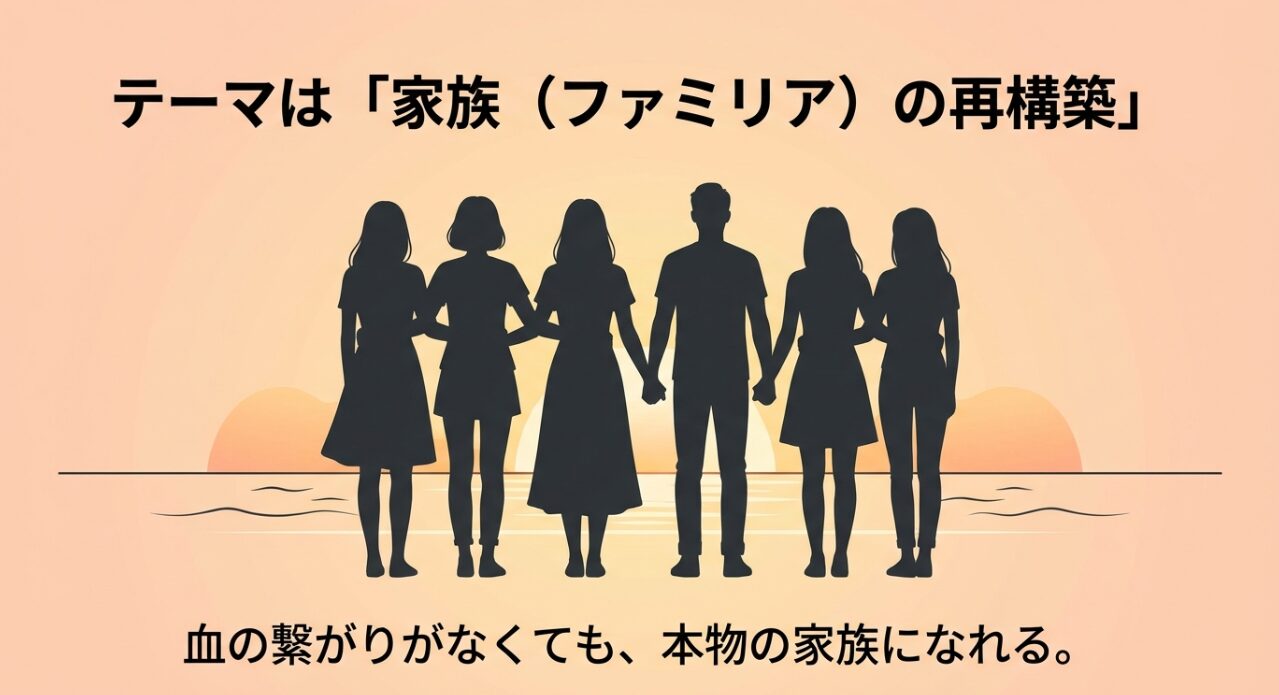 5人の女神と隼のシルエットを背景に、「血の繋がりがなくても、本物の家族になれる」というテーマを記したエンディングスライド
