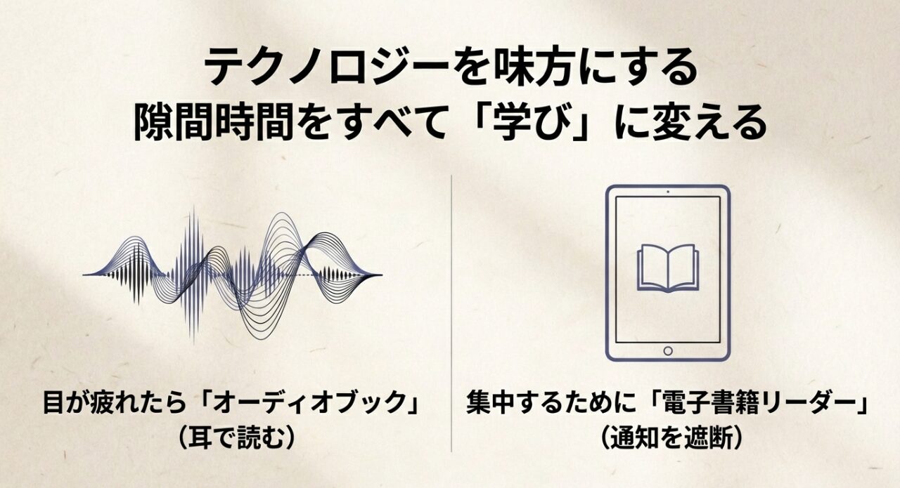 テクノロジーを味方にする。目が疲れたらオーディオブック(耳で読む)、集中するために電子書籍リーダー(通知を遮断)。