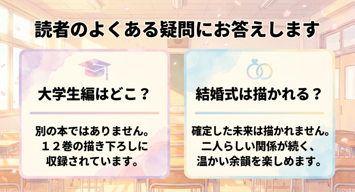 大学生編の収録先や結婚式の有無など、読者のよくある疑問に対する回答