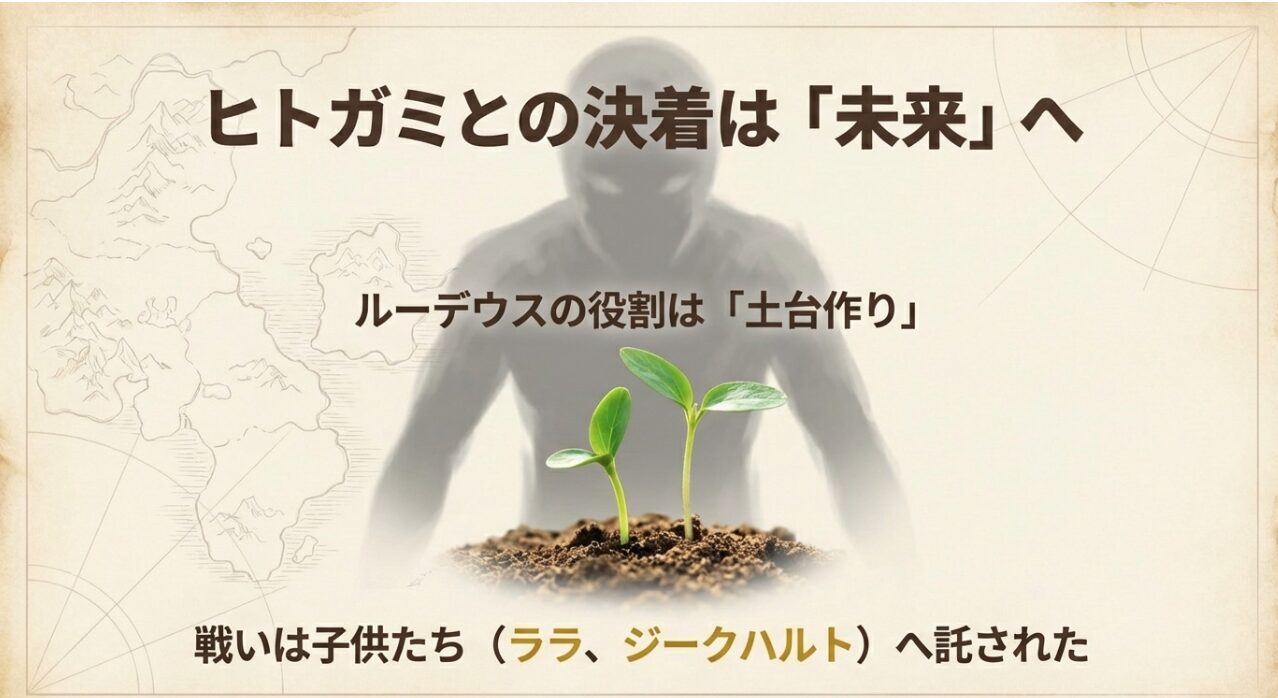 ヒトガミとの戦いが子供たち（ララ、ジークハルト）に託され、ルーデウスがその「土台作り」の役割を全うしたことを示すスライド。