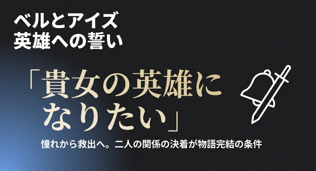 ベルとアイズの英雄への誓い。「貴女の英雄になりたい」という台詞と、二人の関係の決着が完結の条件であることを示すスライド