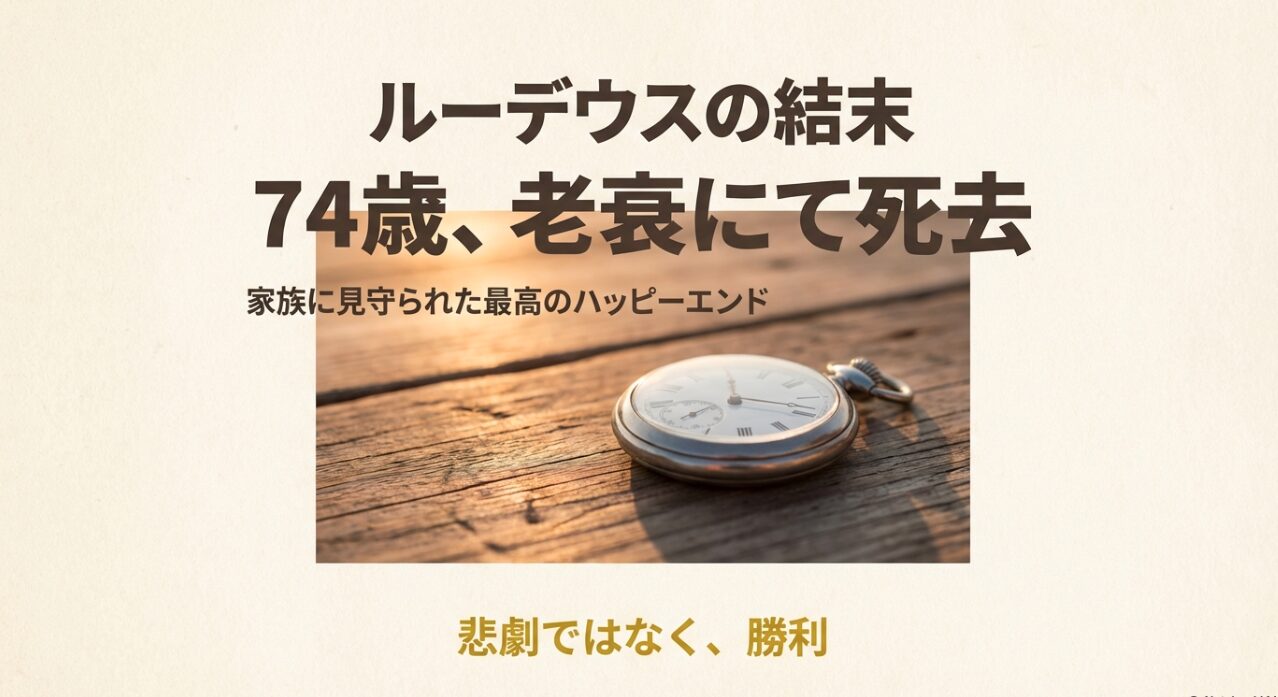 主人公ルーデウスが74歳で老衰にて死去し、家族に見守られた最高のハッピーエンドを迎えたことを解説するスライド。