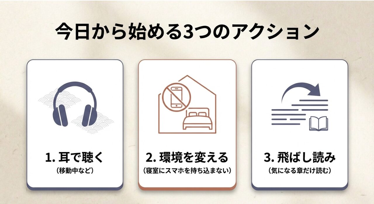 今日から始める3つのアクション。1. 耳で聴く、2. 環境を変える、3. 飛ばし読み。