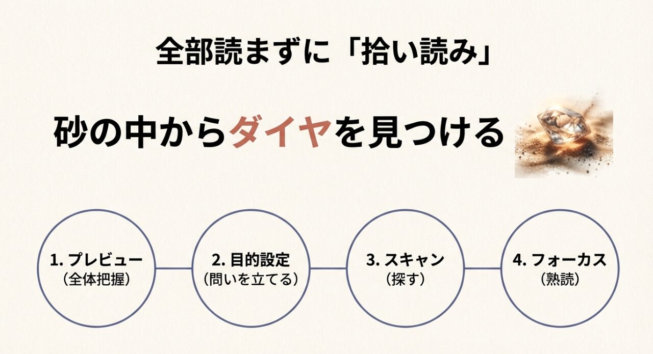 全部読まずに「拾い読み」。1. プレビュー（全体把握）、2. 目的設定（問いを立てる）、3. スキャン（探す）、4. フォーカス（熟読）。