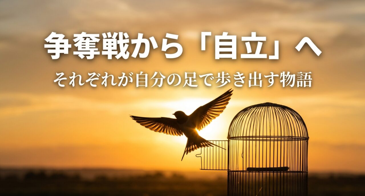 凪の争奪戦から、ヒロインそれぞれが自分の足で歩き出す「自立」への物語への変化を解説するスライド。