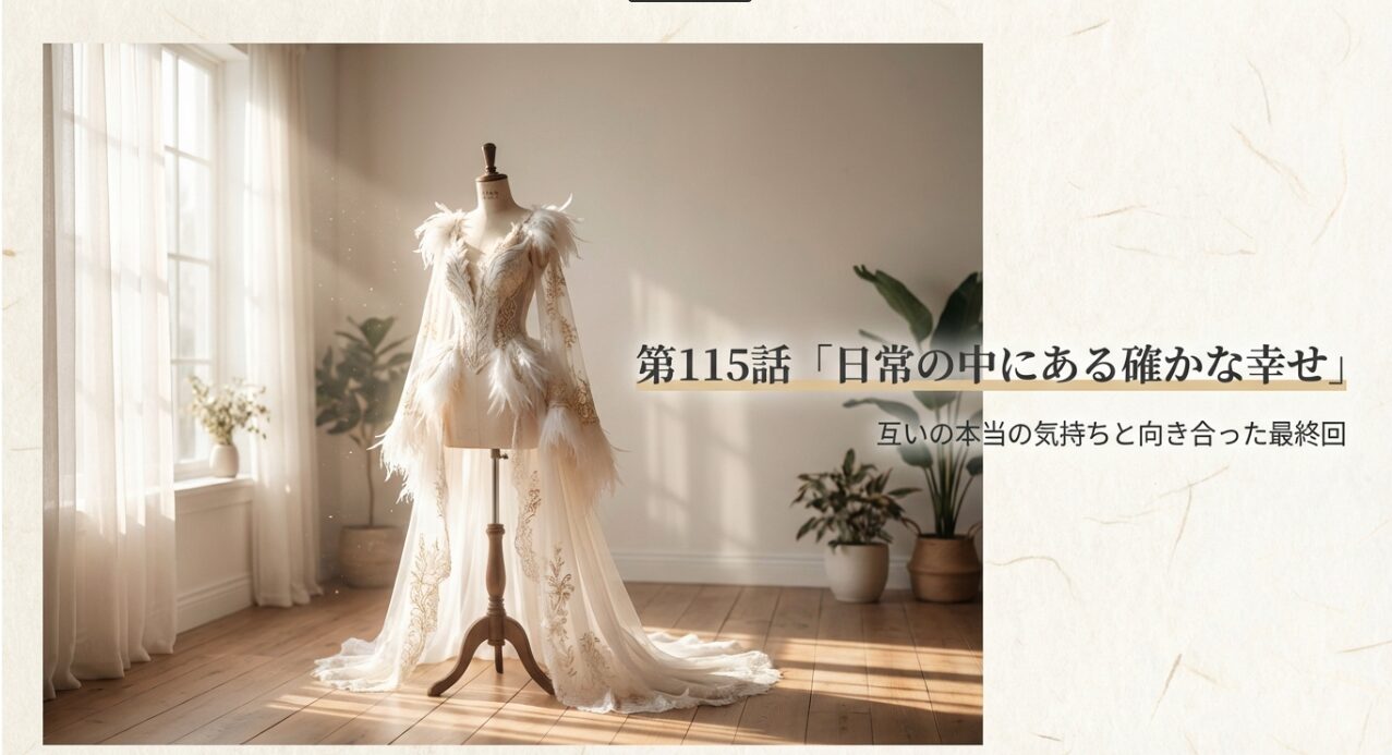 最終回第115話のタイトルと、物語が「確かな幸せ」に帰結したことを視覚的に伝えます。