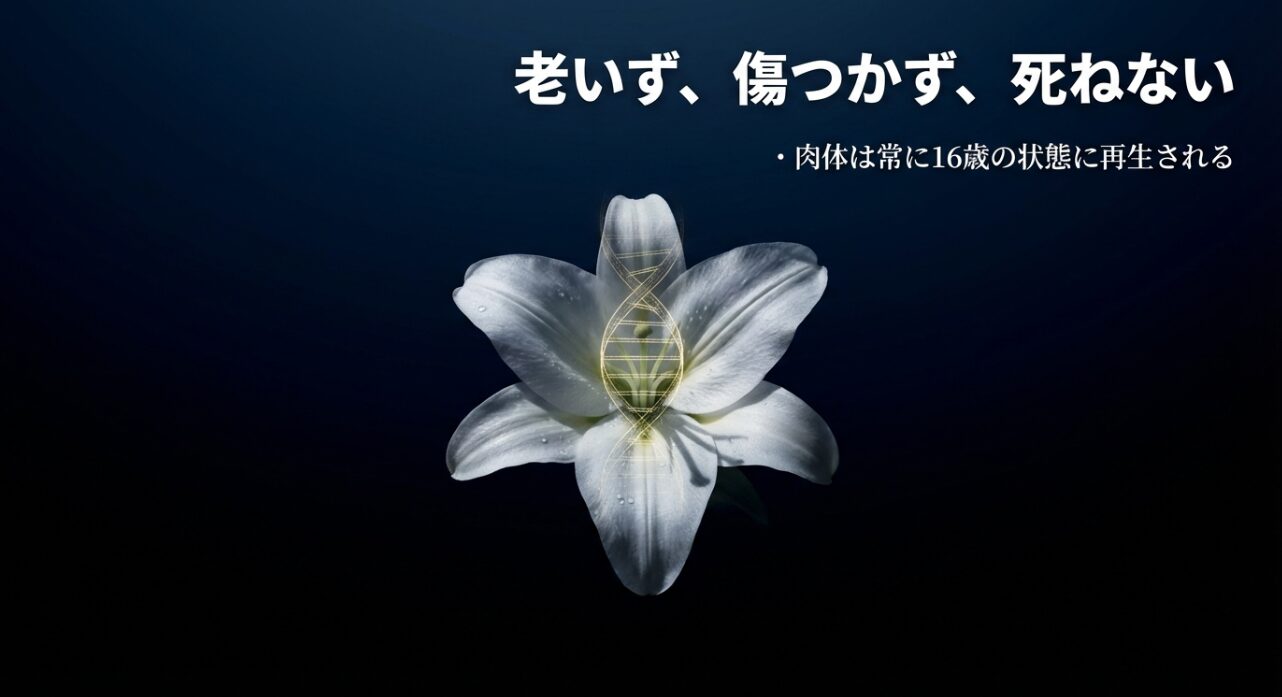 老いず傷つかず、肉体が常に16歳の状態に再生される不老不死の仕組みを表した百合の花とDNAのイメージ画像