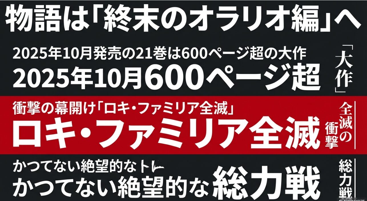 衝撃の幕開け「ロキ・ファミリア全滅」という文字と、物語は「終末のオラリオ編」へ向かうことを示す赤い背景のスライド。