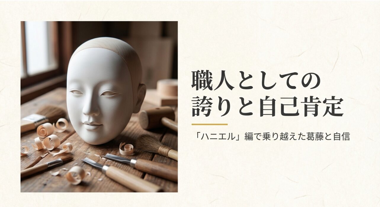 雛人形の頭師の画像と共に、新菜が「ハニエル」編を通じて得た職人としての誇りを表現します