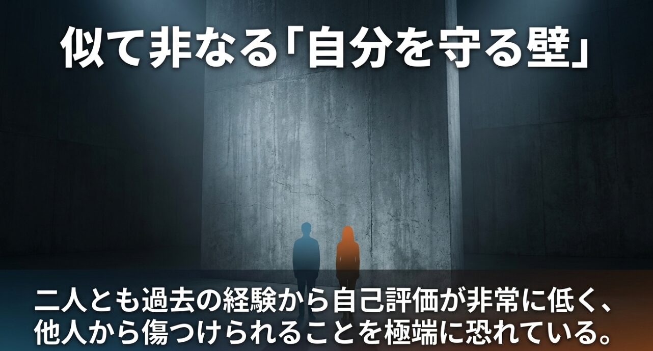 平と東が過去の経験から抱える、傷つくのを恐れて自分を守るための似て非なる心理的な壁