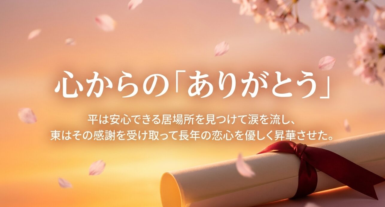 卒業式で安心できる居場所を見つけ涙を流す平と、感謝を受け取り長年の恋心を昇華させた東