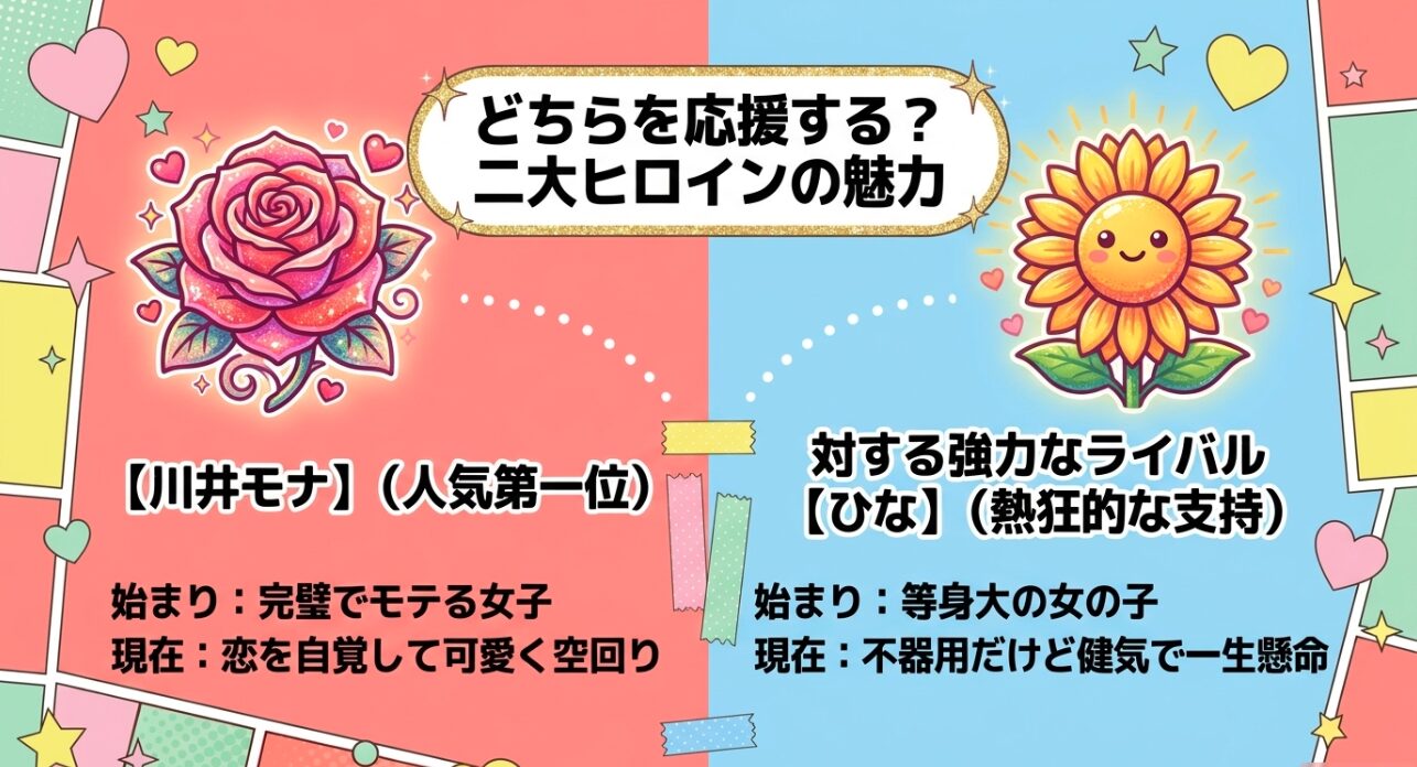 人気第1位の完璧女子である川井モナと、熱狂的な支持を集める等身大の女の子であるひなの2大ヒロインの魅力を比較するスライド