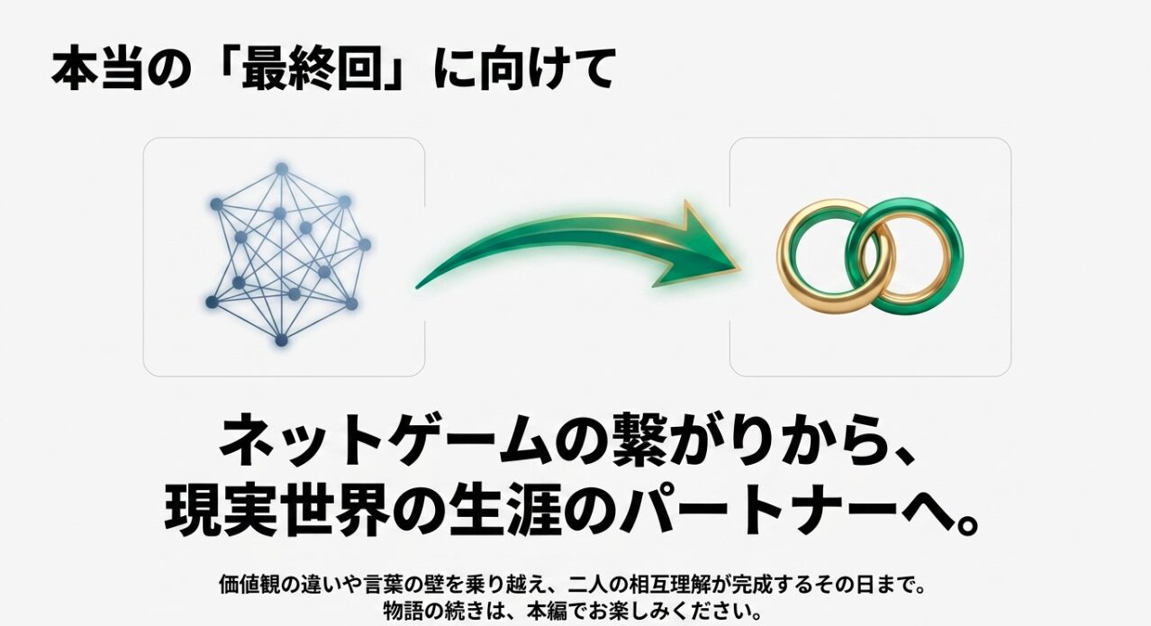本当の「最終回」に向けて 。ネットゲームの繋がりから、現実世界の生涯のパートナーへ 。価値観の違いや言葉の壁を乗り越え、二人の相互理解が完成するその日まで 。