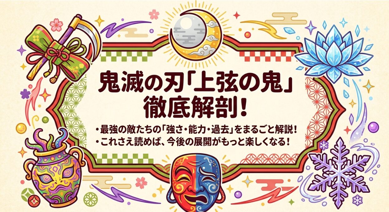 鬼滅の刃に登場する十二鬼月の上弦の鬼（黒死牟から堕姫・妓夫太郎まで）の序列、名前、主な能力や血鬼術の特徴をスライド形式でまとめた一覧表の画像。