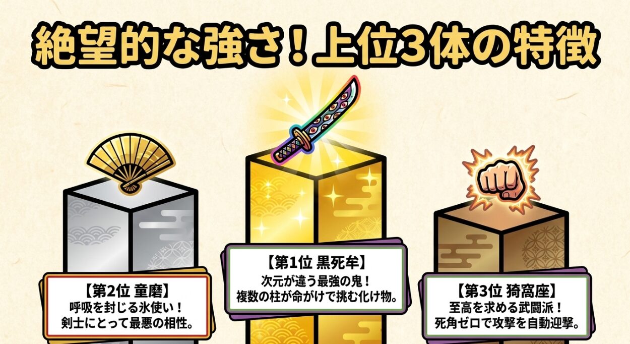 絶望的な強さを持つ上位3体（1位黒死牟、2位童磨、3位猗窩座）の戦闘における特徴をまとめたスライド画像 。