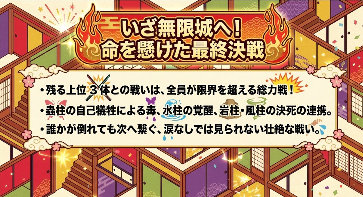 柱たちが限界を超えて挑み、自己犠牲や決死の連携で次へと繋ぐ無限城での命を懸けた最終決戦についてまとめたスライド画像 。