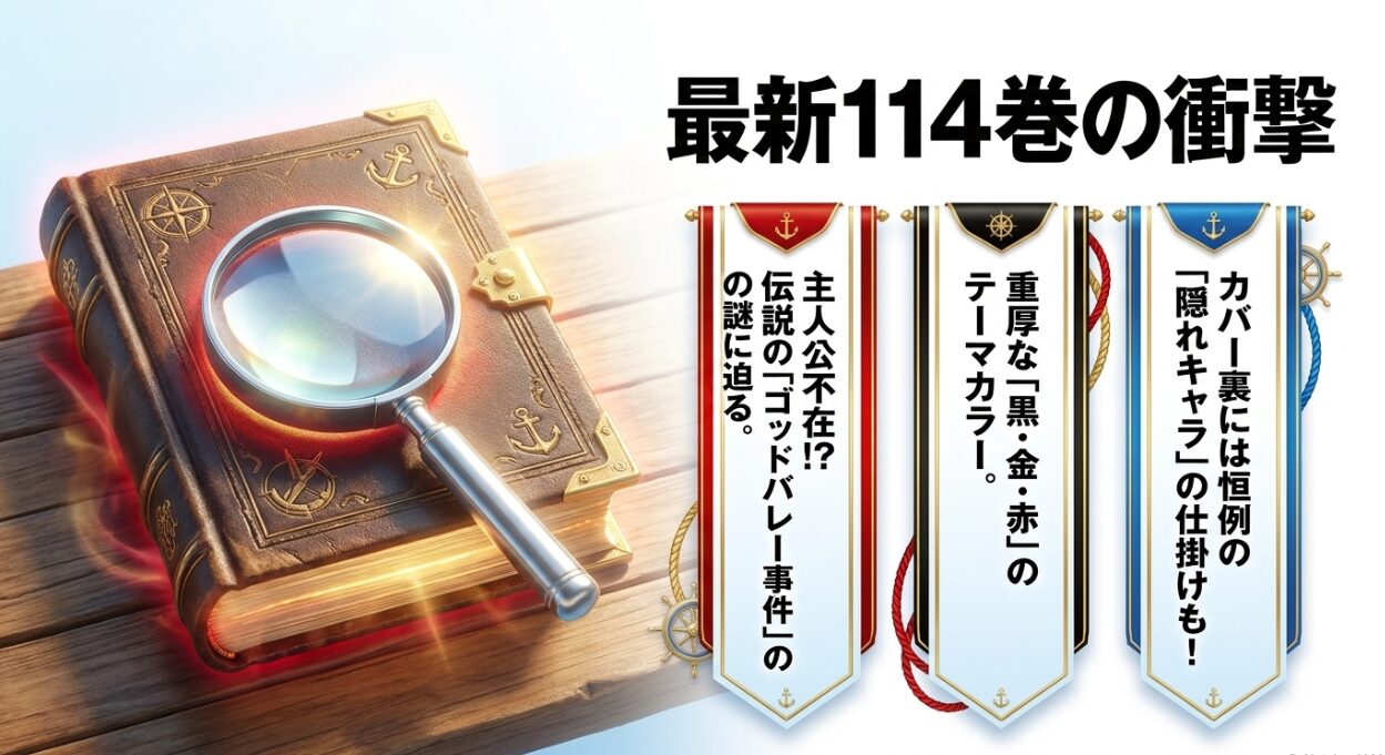 最新114巻の衝撃について。主人公不在の構成や伝説のゴッドバレー事件の謎に迫る内容。また、重厚な黒・金・赤のテーマカラーや、カバー裏恒例の隠れキャラの仕掛けについて。