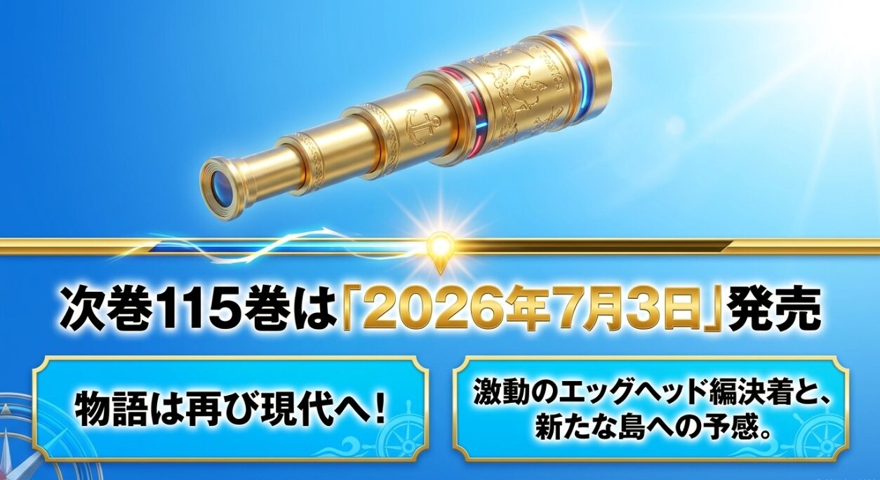 次巻115巻は2026年7月3日発売予定。激動のエッグヘッド編の決着と新たな島への予感、そして物語が再び現代へ戻ることについて。