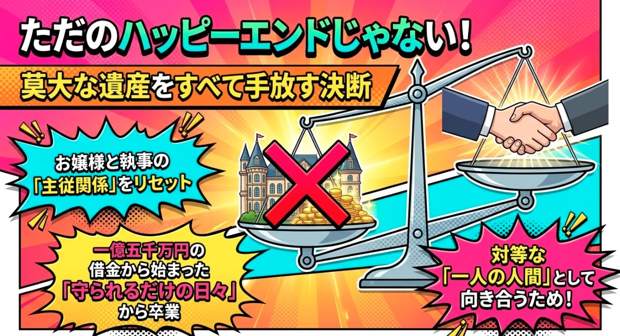 ナギが莫大な遺産を手放し、お嬢様と執事の主従関係をリセットした決断を解説したスライド