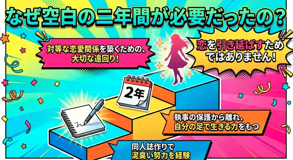 ハヤテとナギが対等な恋愛関係を築くため、空白の2年間が必要だった理由を解説したスライド