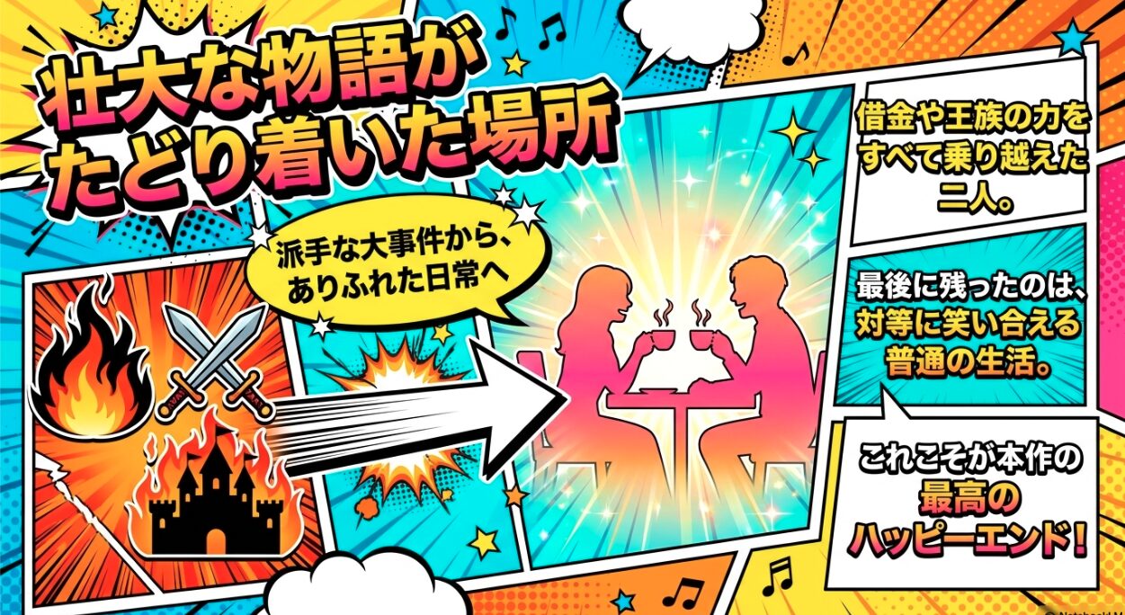 派手な大事件を越え、対等に笑い合える普通の生活にたどり着いた結末の解説スライド