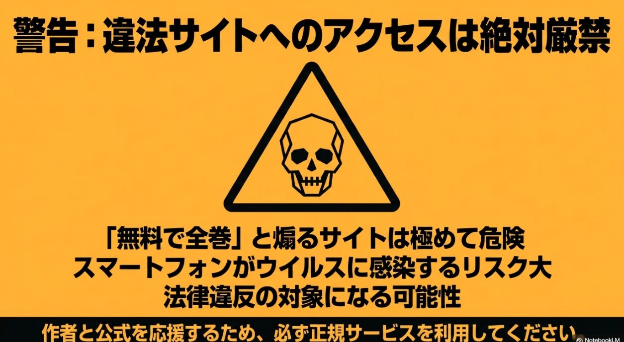 rawなどの無料で全巻読めると煽る違法サイトはウイルス感染や法律違反のリスクがあるため利用厳禁という警告