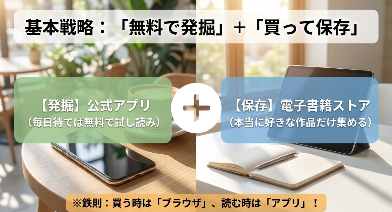 公式アプリで無料で発掘し電子書籍ストアで買って保存する基本戦略