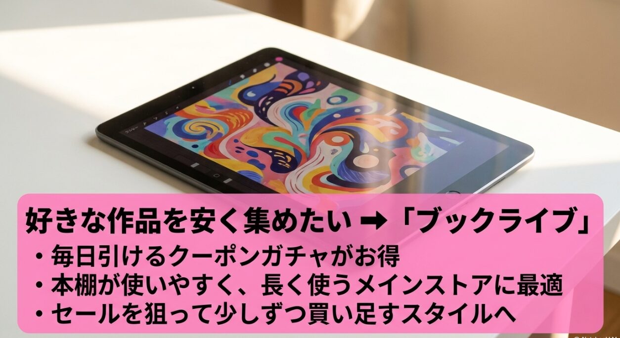 毎日引けるクーポンガチャがお得で本棚が使いやすいブックライブの特徴