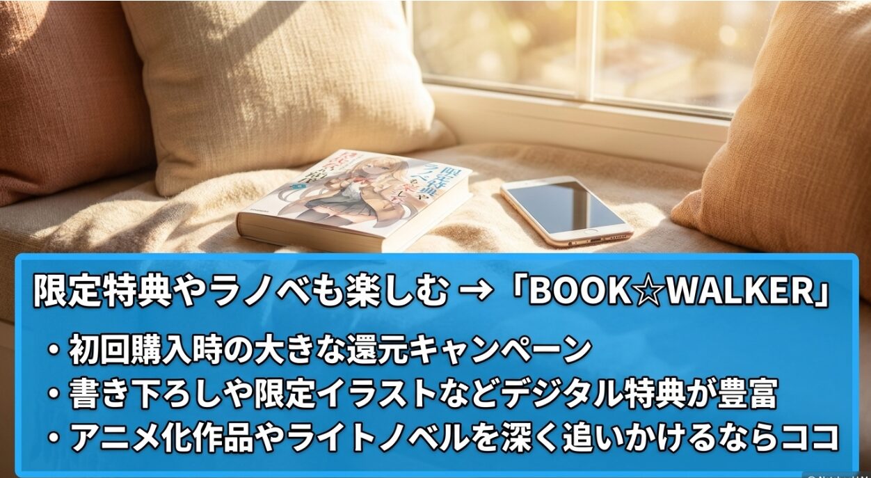 初回還元や限定イラストなどのデジタル特典が豊富なBOOK☆WALKERの特徴