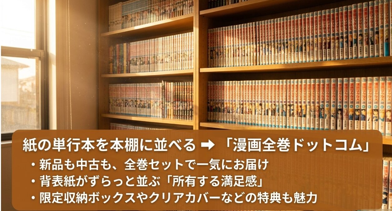紙の単行本を新品や中古の全巻セットで一気にまとめ買いできる漫画全巻ドットコムの特徴