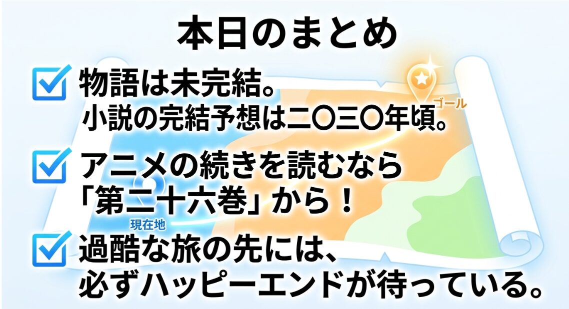 本日のまとめ:リゼロは未完結、完結予想は2030年頃。アニメの続きは第26巻からで最後はハッピーエンド