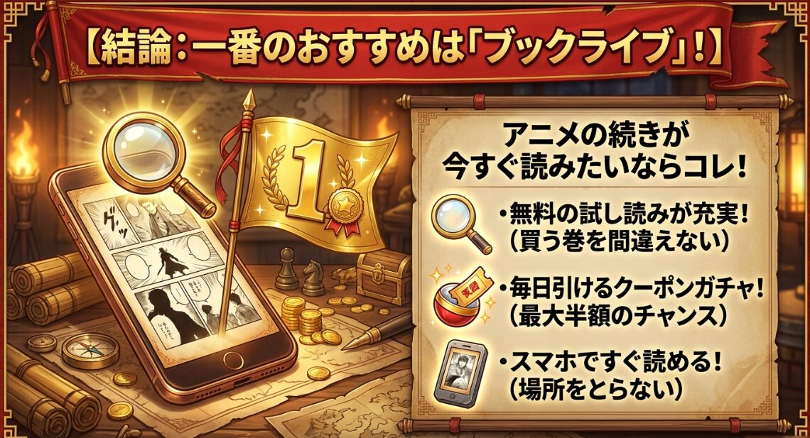 一番のおすすめはブックライブ!無料試し読みやクーポンガチャでアニメの続きが今すぐ読める