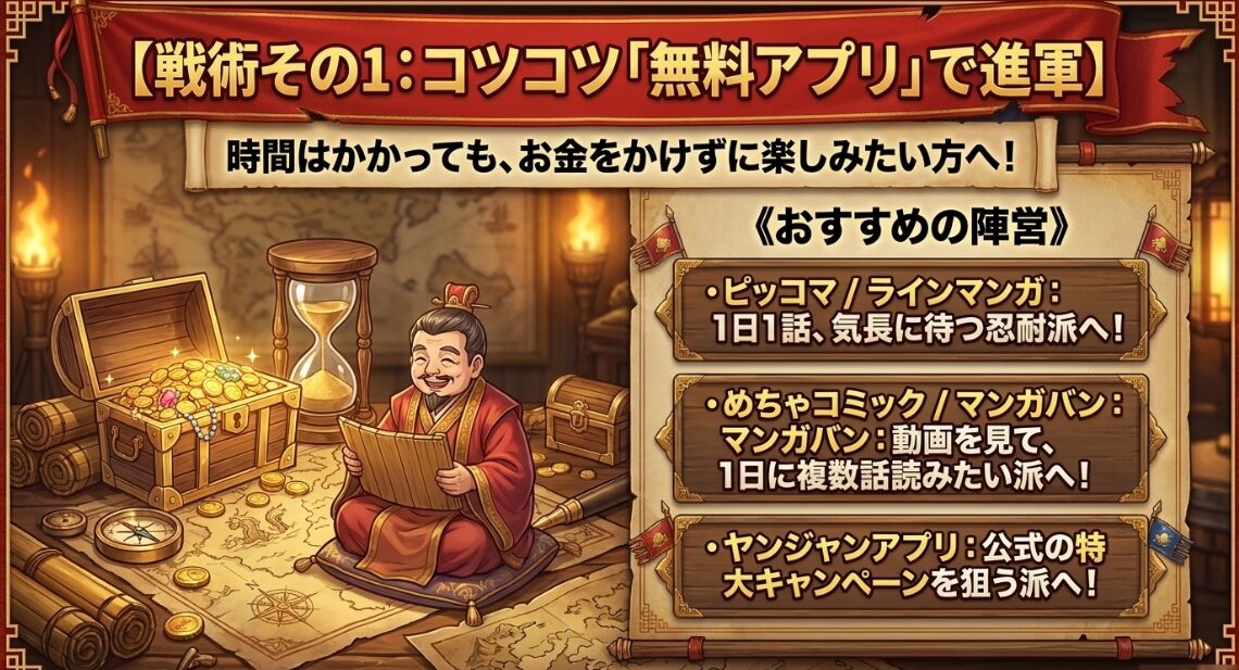 コツコツ無料アプリで進軍。ピッコマ、めちゃコミックなどおすすめ無料アプリの使い分け