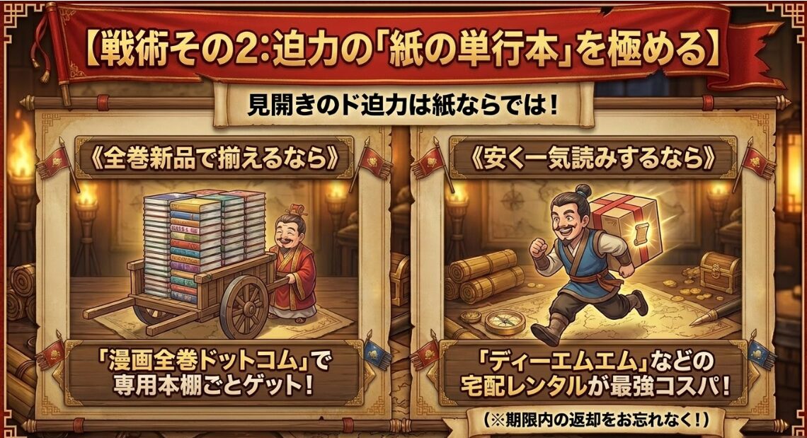 迫力の紙の単行本を極める。漫画全巻ドットコムでの新品まとめ買いやDMMの宅配レンタル