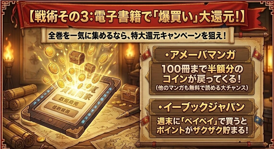 電子書籍で爆買い大還元!AmebaマンガやeBookJapanの特大還元キャンペーン
