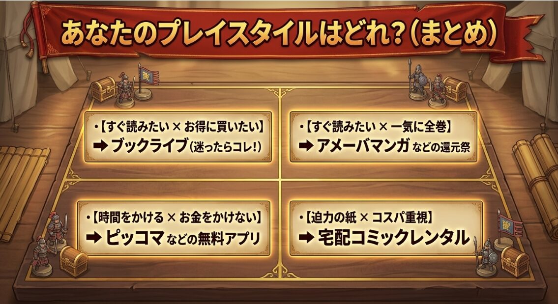 あなたのプレイスタイルはどれ?まとめ。すぐ読みたい、お金をかけないなどスタイル別のおすすめサービス